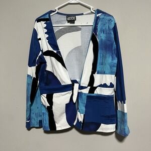 Berer Womens Size Medium Wrap Open Front Top Blue White Long Sleeve